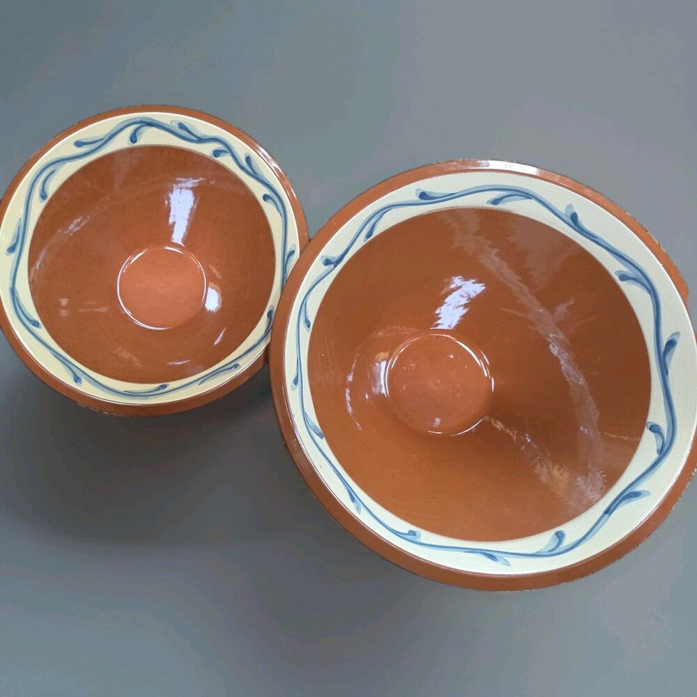 Set 2 BIA Cordon Bleu Portugal Bowls 10" and 12"  Brick Brown blue -Oven safe!
